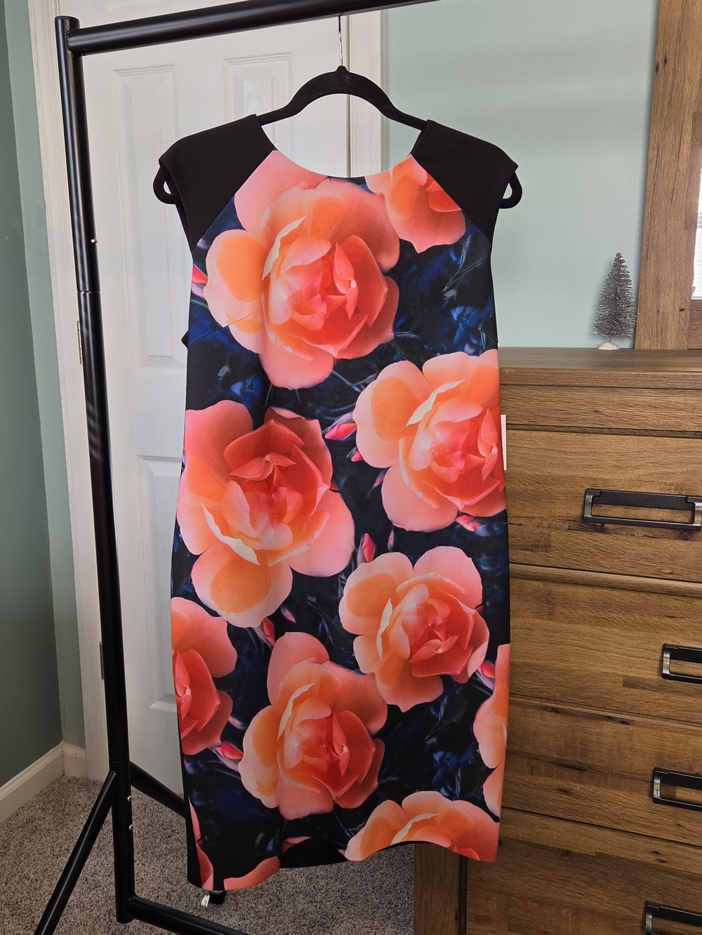 Calvin Klein Black Shift Dress with Coral and Peach Rose Print